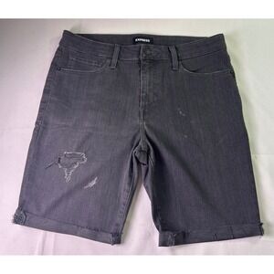 Express Mens Size 32 Black Distressed Denim Shorts Slim Fit Cuffed Raw Hem Jorts